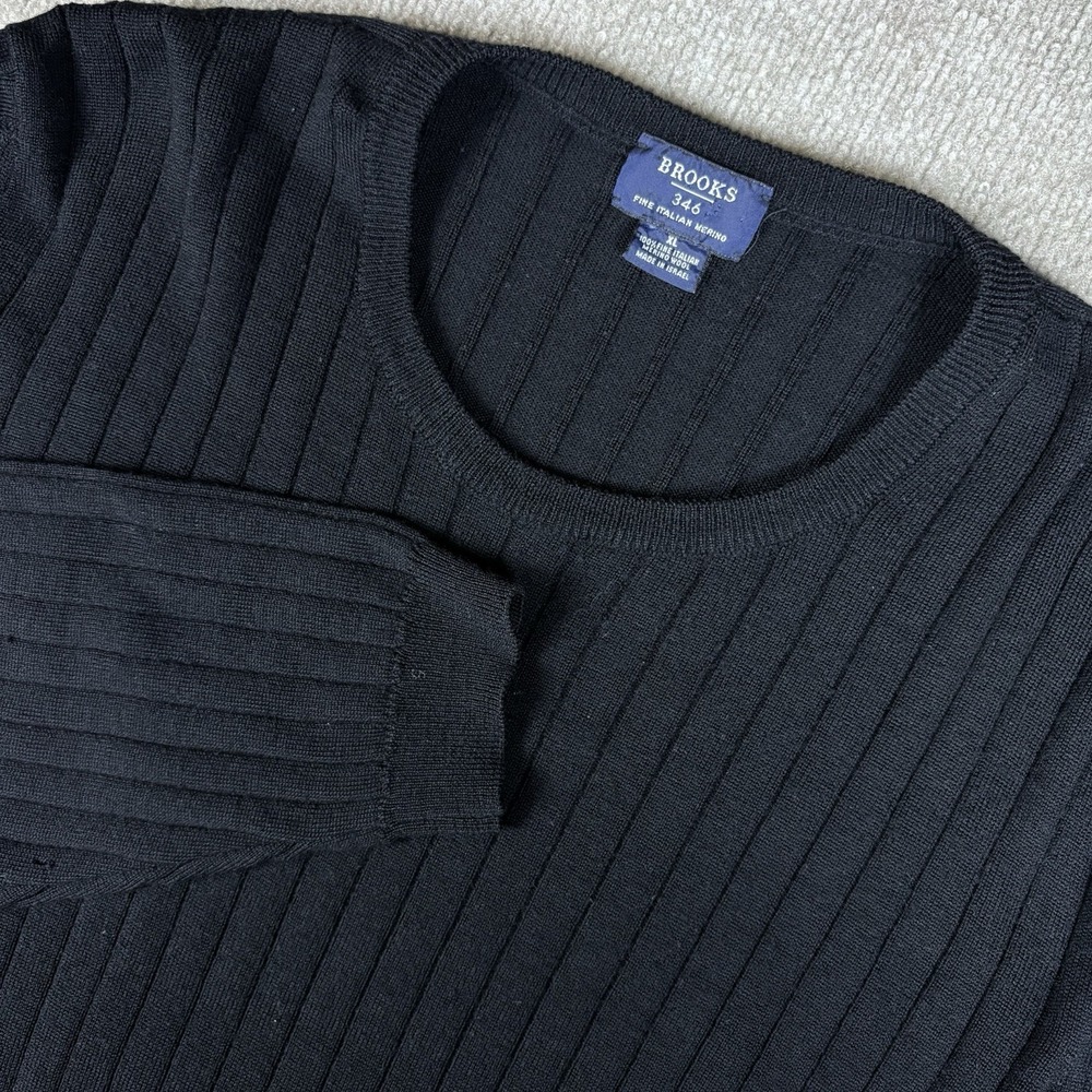 Brooks Brothers 346 XL Black Merino Wool Ribbed Crew Neck Sweater Made Israel